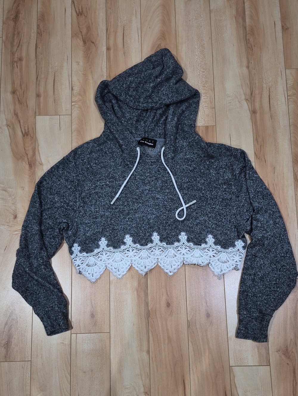 The Kooples Women's Size Small Gray Cropped Hoodie with White Lace Trim